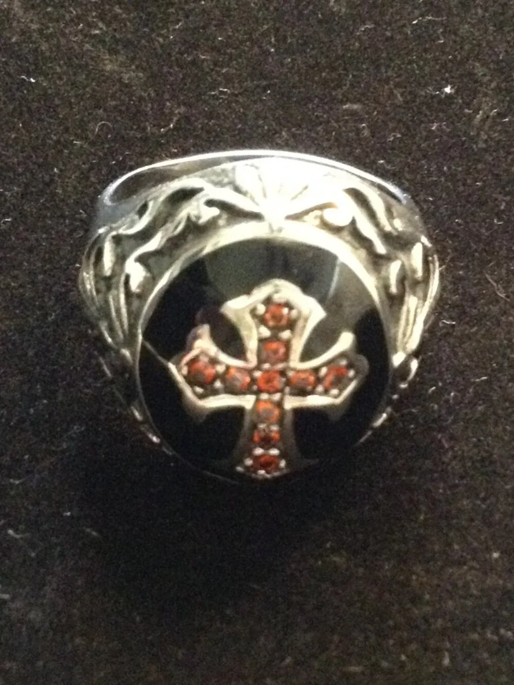 VTG 70's Mendel Men's Titanium Rhodium Red CZ Cross Knight Templar Ring Sz 14.5